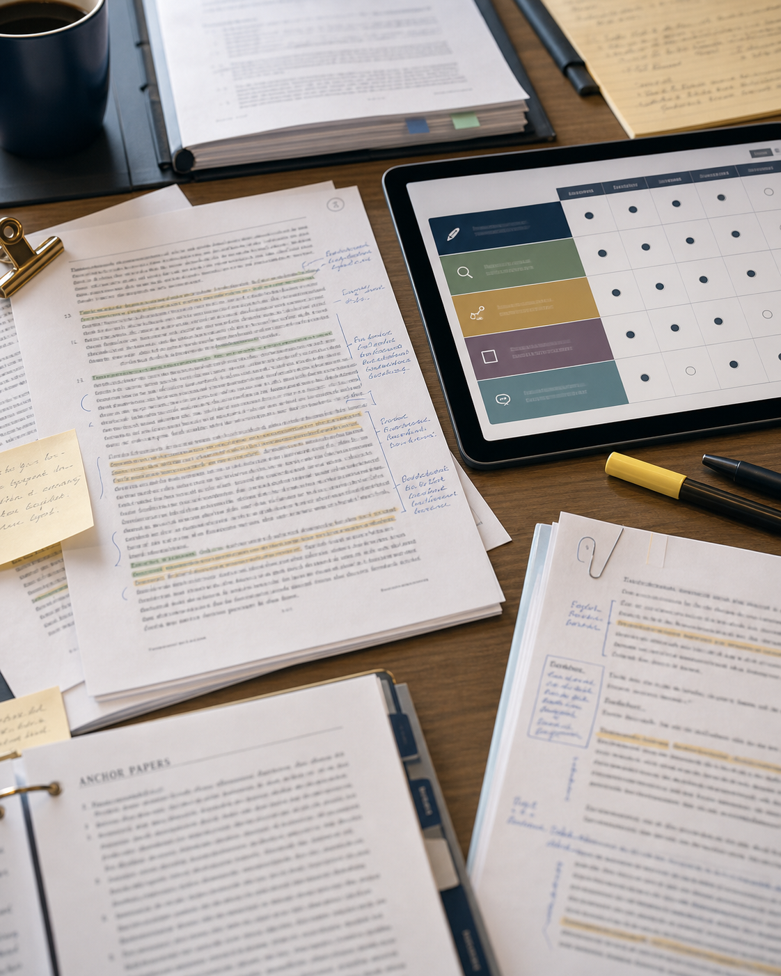 Annotated essay pages and rubric materials on a grading desk